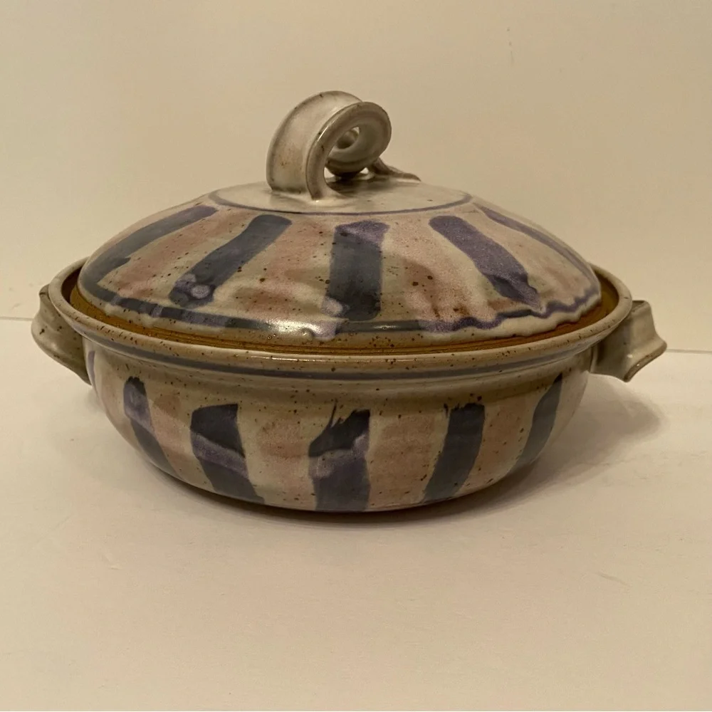 GEORGE KNAUS ART POTTERY CASSEROLE 2 PIECE GRAY BLUE VINTAGE STONEWEAR HOME